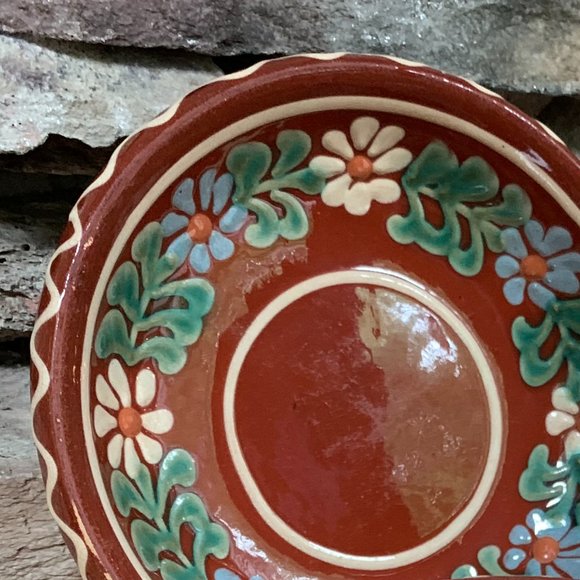 4 Pottery Bowls Majolica Hand Painted Floral Red Yellow Green - Picture 9 of 10